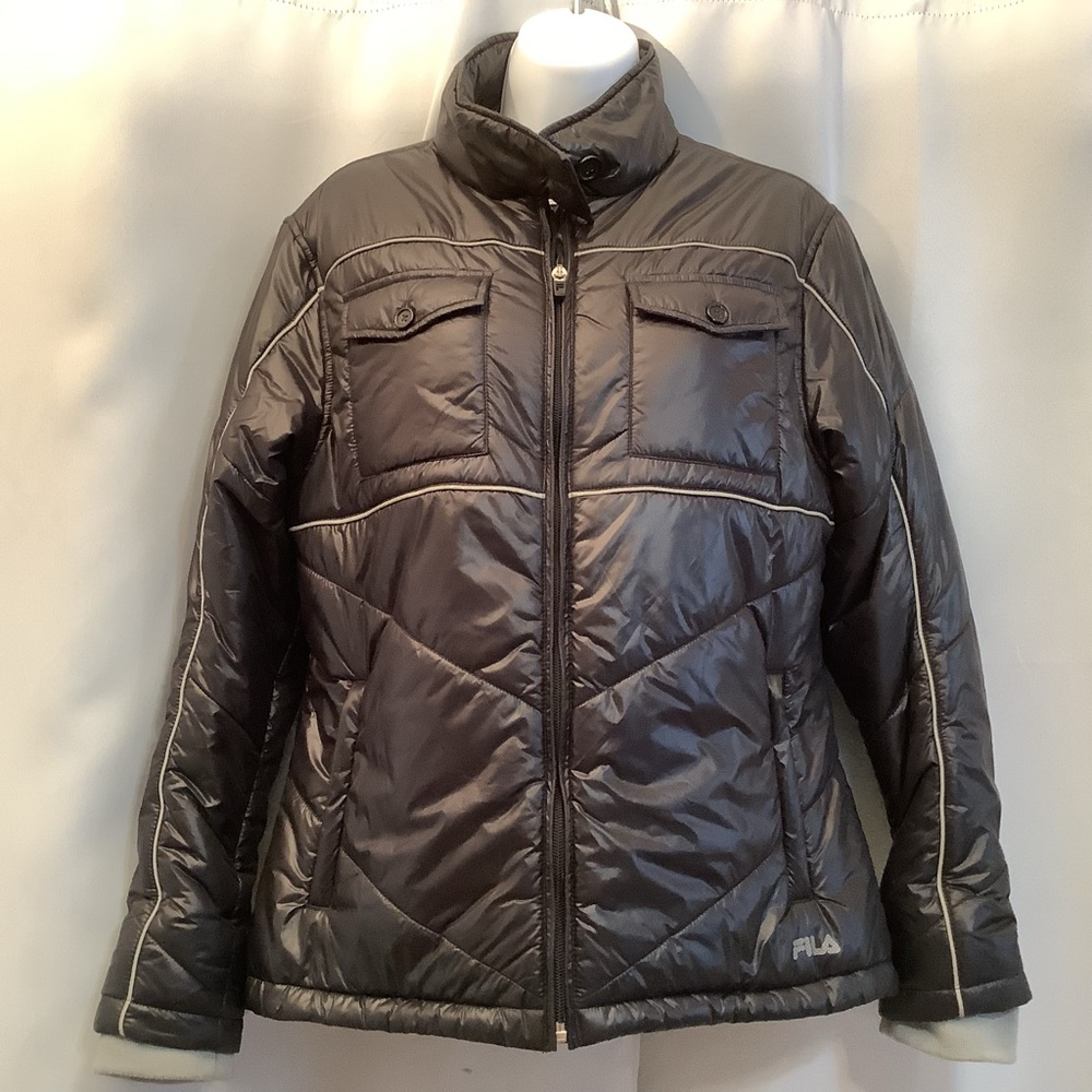 FILA Jacket Women’s Large Puffer Glossy Black Grey Piping